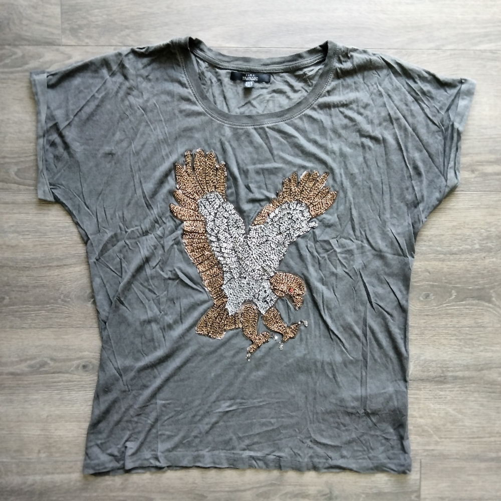 Zara Grey Beaded Eagle Tshirt Top Size M Short Sleeve